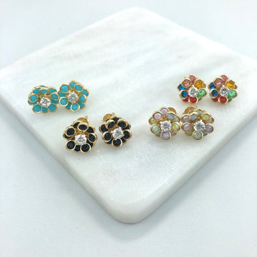 18K Gold Layered Oro Laminado Clear Cubic Zirconia Center with Assorted Rhinestone Earrings Flower Design Push Back Earrings Wholesale 21.0333/2/6/17/30